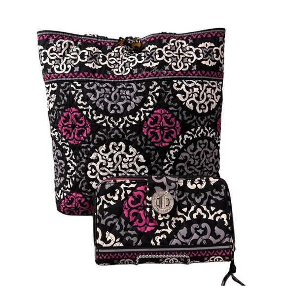 Vera Bradley Toggle Tote Bag Canterberry Magenta Pattern & Turnlock Wallet EUC - Picture 15 of 16
